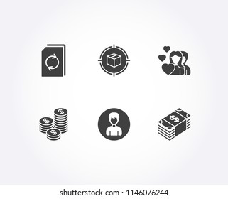 Set of Person, Parcel tracking and Update document icons. Coins, Couple and Usd currency signs. Edit profile, Box in target, Refresh file. Cash money, Valentines day, Buying commerce. Vector