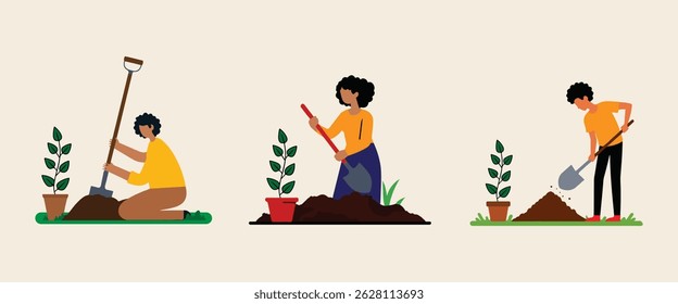 Set of Person Planting Tree, Curly-Haired Individual in Yellow Shirt Digging Soil Outdoors, Flat Vector