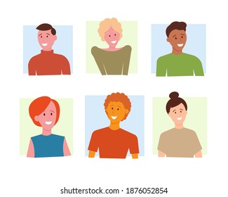 Set person portrait. Male and female characters avatars. Collection icons, smiles trendy people. Cartoon flat design. Vector illustration.