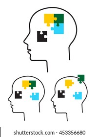 Set of Person with puzzle in his head isolated on white background. Good decision, business idea, discovery, achievement, success concept.
