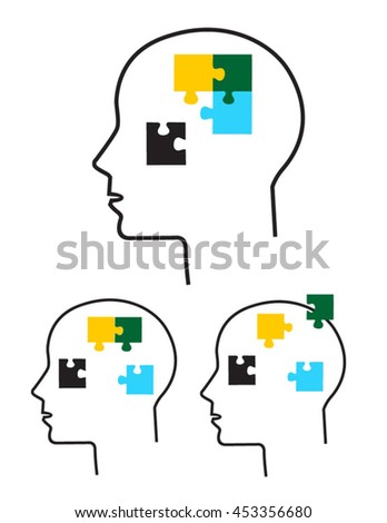 Set of Person with puzzle in his head isolated on white background. Good decision, business idea, discovery, achievement, success concept.