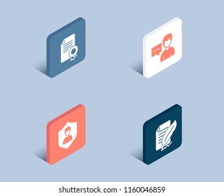 Set of Person talk, Certificate and Security agency icons. Feather signature sign. Communication message, Diploma, People protection. Feedback.  3d isometric buttons. Flat design concept. Vector