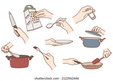 Set of person use kitchen tool prepare food at home or restaurant. Collection of hand cooking utensils or equipment meal preparation. Chef cook classes concept. Vector illustration. 