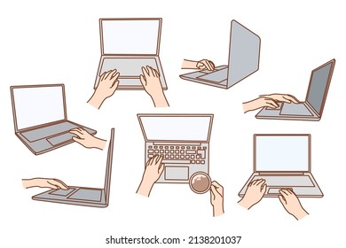 Set of person use modern laptop gadget browsing surfing internet. Collection of people work online on computer from lockdown. Remote job. Technology concept. Vector illustration. 