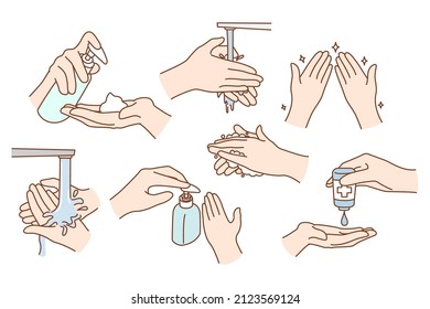 Set of person wash sanitize hands protect from covid-19 pandemics. Collection of caring people clean using sanitizer or liquid soap for coronavirus prevention. Healthcare. Vector illustration. 