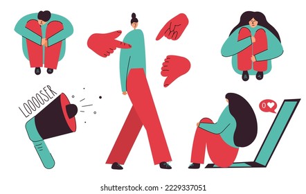 Set personages have got not good emotional health  by reason of dislike, hurtful words. Vector illustration STOP cyberbullying, network abuse, internet problem and discrimination. 