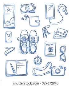 Set of personal belongings being assembled for a travel, journey, trip. Icons for a young modern hipster lifestyle, hand drawn vector illustration