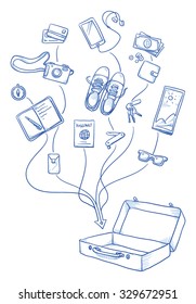 Set of personal belongings being put in a suitcase for a travel, journey. Young modern lifestyle hand drawn vector illustration