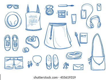 Set of personal belongings, objects of a young teenage girl. Clothing, accessories, cosmetics, phone, stuff. Icons for a young modern hipster lifestyle, hand drawn flat lay vector illustration