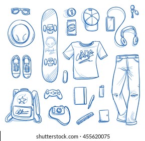 Set of personal belongings, objects of a young girl. Clothing, accessories, toys, stuff. Icons for a young modern hipster lifestyle, hand drawn flat lay vector illustration