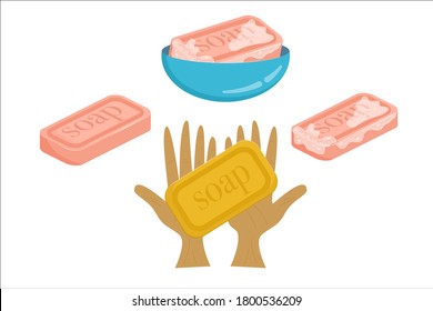 Un conjunto de cuidados personales aislados en un fondo blanco. Jabón con jabón de espuma en el plato de jabón y manos. Limpie las manos durante la pandemia y deshágase de los gérmenes. Pegatinas, pegatinas para baños.