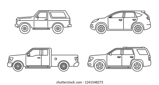 Set of personal cars. Set of automobiles in flat style. Offroad suv, pickup. Side view. Vector illustration.