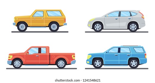 Set of personal cars. Set of automobiles in flat style. Offroad suv, pickup. Side view. Vector illustration.