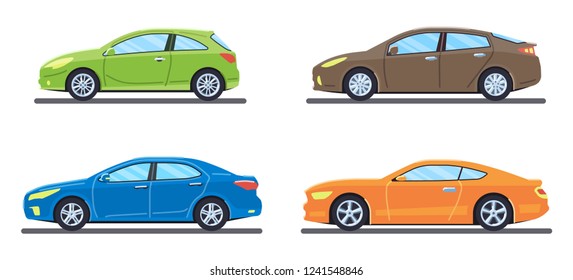 Set of personal cars. Set of automobiles in flat style. Sedan, sport coupe car, hatchback. Side view. Vector illustration.