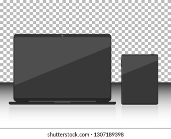 Set of Personal computer, Desktop computer, Laptop, Computer, Monitor, Internet tablet, Web tablet, Pad tablet Realistic Flat Styles Isolated on Transparent Background. Vector Illustration. Black.