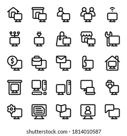 Set of personal computer for work and entertainment outline style icon - vector