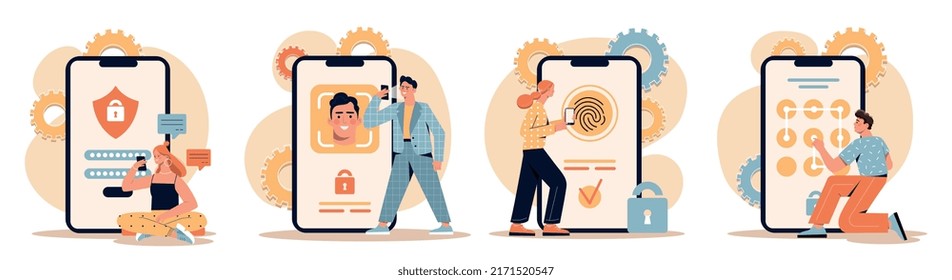 Set of personal data security. Men and women protect information on smartphones with different passwords and codes. Graphic key, face id and fingerprint. Privacy Policy. Cartoon flat vector collection