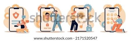 Set of personal data security. Men and women protect information on smartphones with different passwords and codes. Graphic key, face id and fingerprint. Privacy Policy. Cartoon flat vector collection