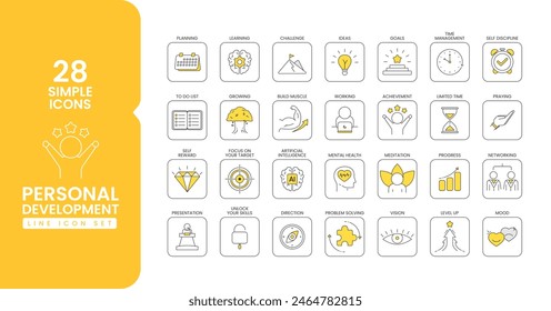 Set of personal development icon, perfect for project promoting personal growth and transformation. Infographics design icon related to core values, time management, progress