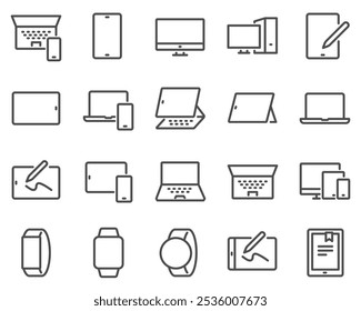 A set of personal devices icons in a linear style, including smartphones, tablets, laptops, smart watches and graphic tablets with a pen.