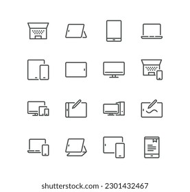 Conjunto de iconos relacionados con dispositivos personales, tableta, estación de trabajo de escritorio pc, monitor, pantalla, dispositivo portátil, portátil, teclado y vectores de variedad lineal.