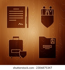 Set Personal folder, Contract with pen, Traveling baggage insurance and Family insurance with shield on wooden background. Vector