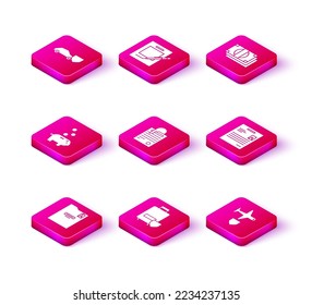Set Personal folder, Traveling baggage insurance, Piggy bank with coin, File document and paper clip, Plane shield, Stacks money cash and Blank notebook pen icon. Vector
