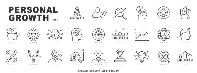 Set of personal growth related line icons. Development, improvement, achievement, upskill etc. Editable stroke