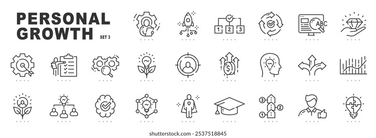 Set of personal growth related line icons. Development, improvement, achievement, upskill etc. Editable stroke. Set 3