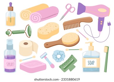 Set of personal hygiene. Combs and hair dryer, sponge. Beauty, aesthetics and elegance. SPA treatments. Soap and shampoo. Cartoon flat vector collection isolated on white background