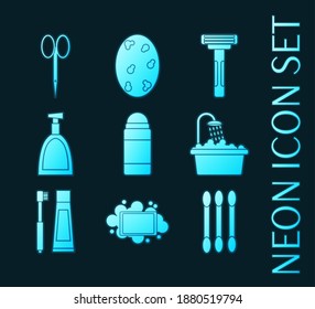 Set of Personal hygiene glowing neon icons