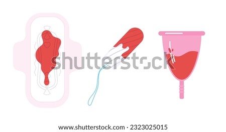 Set of personal hygiene item for menstruation. Used female tampon. Menstrual cup with blood inside. Used female pad with blood. Feminine hygiene. Blood-stained tampon. Vector illustration.