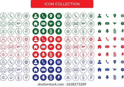 Set of personal icons including profile, phone, location, home, pin, clock, mic, and globe in red, green, and blue. Clean vector design ideal for apps, UI, and web projects.