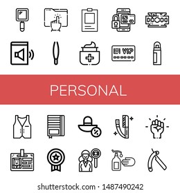 Set of personal icons such as Hand mirror, Audio book, Directory, Tweezers, ID, Antiseptic, Secure payment, Member card, Razor blade, Deodorant, Vest, Id card, Notebook , personal