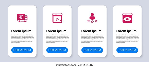Set Personal information collection, Consumer product rating, Video advertising and Advertising truck. Business infographic template. Vector