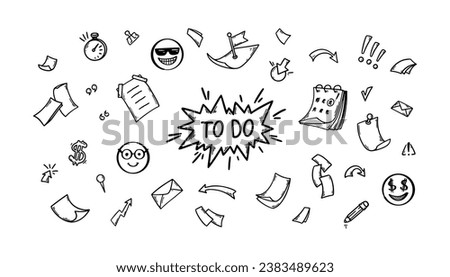 Set of personal organisation and planning doodle sketch elements. Hand drawn stationary, arrow, emoji, pin, calendar. Vector illustration in sketch style