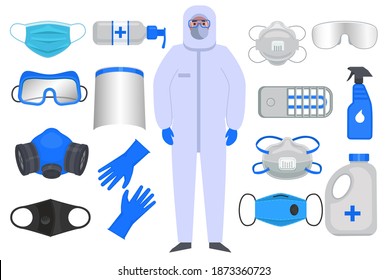 A set of personal protective equipment and disinfection for a medical worker. Chemical protection suit, mask, glasses, respirator, shield, gloves, antiseptic.
