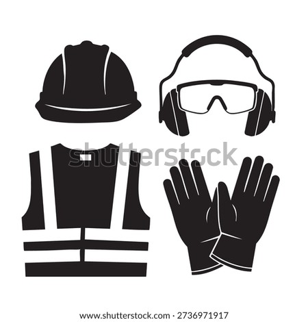 Set of personal protective equipment safety icons including hard hat, safety glasses, ear protection, hi vis vest, and gloves. Essential gear for construction, industrial work, and hazardous environments, emphasizing worker safety and accident prevention.