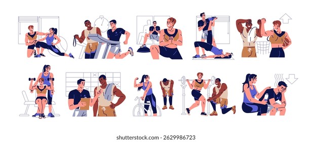 Set of personal trainer. People are training with coach in fitness gym. Instructors help, assist athletes. Couples do cardio and strength workout together. Flat isolated vector illustrations on white