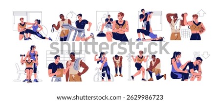 Set of personal trainer. People are training with coach in fitness gym. Instructors help, assist athletes. Couples do cardio and strength workout together. Flat isolated vector illustrations on white
