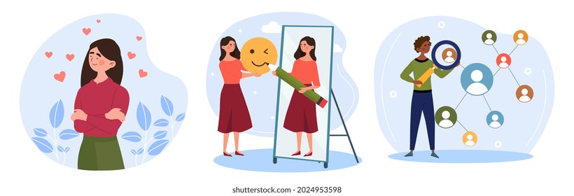 Set of personal trainings. People attend master classes. Self-development, learning new things. Business process training. Work on yourself. Flat vector illustrations isolated on white background