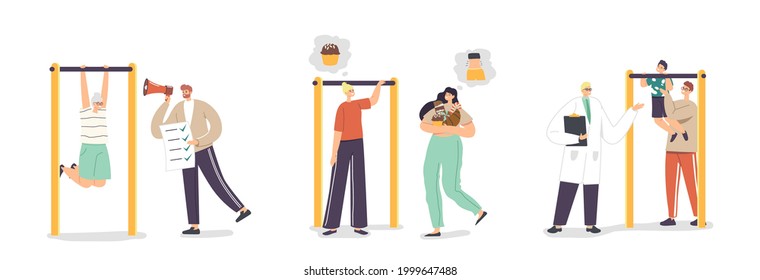 Set Personal Workout Concept. Father, Mother, Son and Grandparent Characters Exercising Outdoor. Son with Dad on Horizontal Bar. Doctor and Nutritionist Help People. Cartoon Vector Illustration