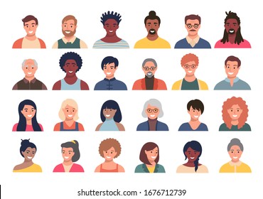 Set of persons, avatars, people heads of different ethnicity and age in flat style. Multi nationality social networks people faces collection.