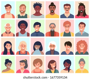 Set of persons, avatars, people heads of different ethnicity and age in flat style. Multi nationality social networks people faces collection.