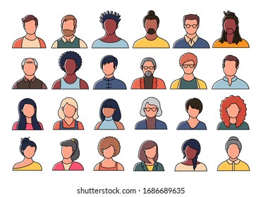 Set of persons, avatars, people heads of different ethnicity and age in flat style. Multi nationality social networks people faces collection.