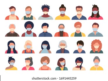 Set of persons, avatars, people heads of different ethnicity and age in protective masks. Men and women in flat style following recommendations for the prevention of coronavirus.