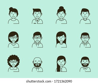 Set of persons, avatars, people heads of different ethnicity and age in flat style. Multi nationality social networks people faces collection.