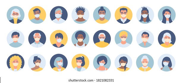 Set Of Persons, Avatars, People Heads Of Different Ethnicity And Age In Protective Masks. Men And Women In Flat Style Following Recommendations For The Prevention Of Coronavirus.