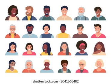 Set of persons, avatars, people heads of different ethnicity and age in flat style. Multi nationality people faces social network icons vector collection.