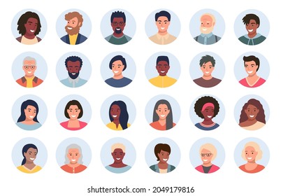 Set of persons, avatars, people heads of different ethnicity and age in flat style. Multi nationality people faces social network icons vector collection.